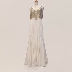 Ashley Lauren Elegant White and Gold Evening Gown